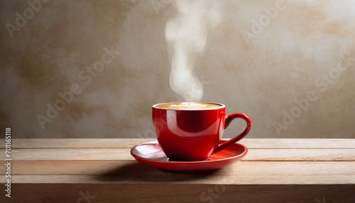 Heart of steam hovering over a red coffee cup of coffee on wooden table with cream wall background.