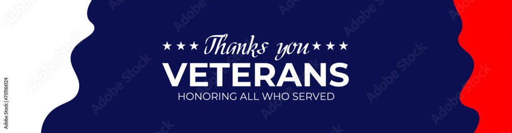 Thank You Veterans Day web banner, poster. USA Veterans Day greeting card background in United States national flag colors. US National Day November 11. cover, greeting card, flyer, backdrop.
