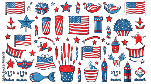 Set Of Icons For Independence Day Of USA Costumes With Traditional Symbols Of Architecture And Culture Of The USA Vector Seamless Pattern Isolated On White Background, Generative Ai