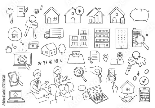 不動産・部屋探しにまつわる手描きイラストセット（モノクロ）