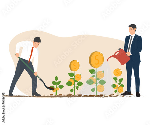Businessmen are helping to water and till the money tree to grow for more income, finance, investment, banking, doing business. Vector illustration.