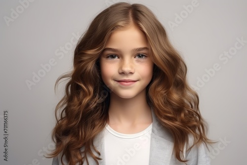 Portrait of a beautiful little girl with long wavy hair.