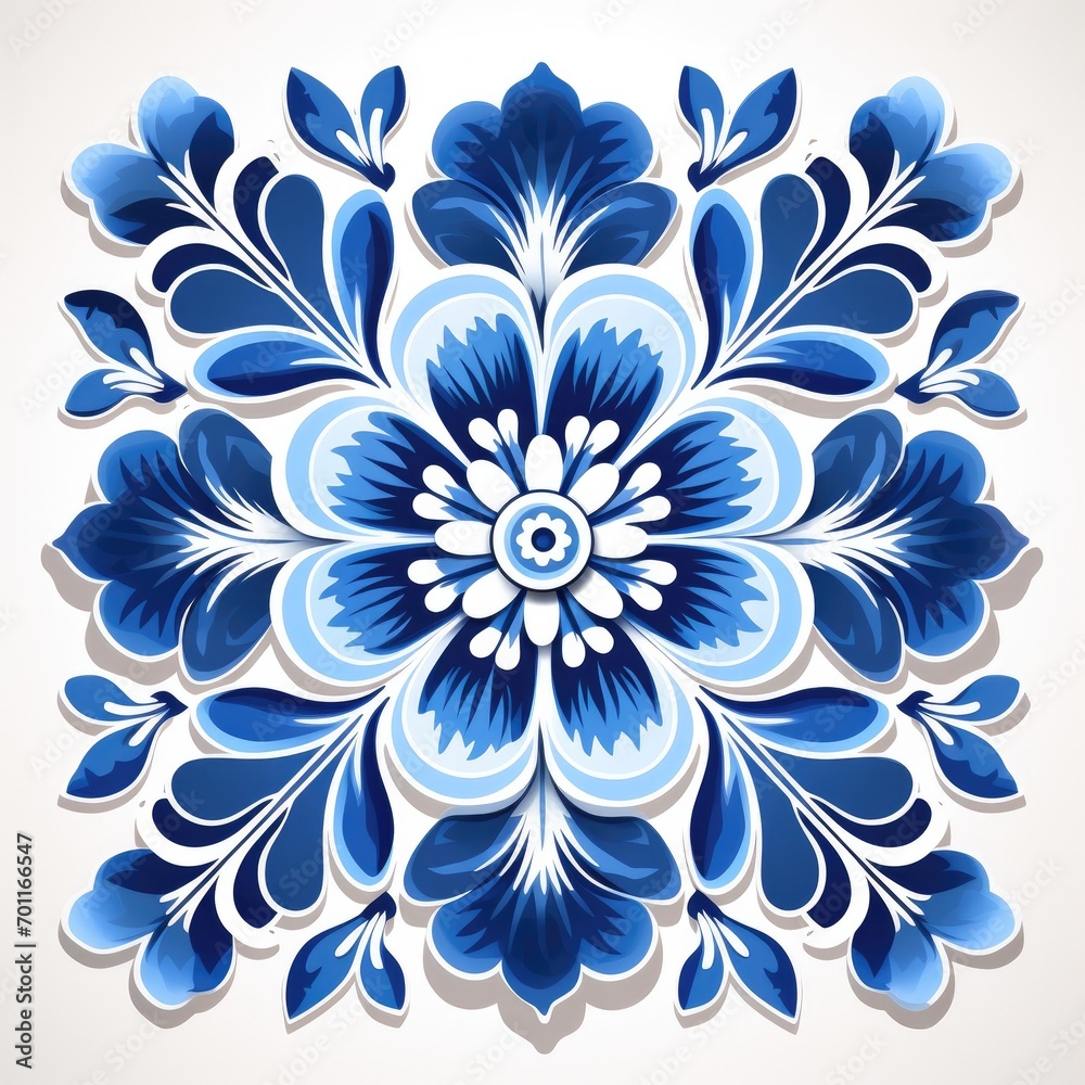Obraz premium ceramic tile in talavera style with navy blue floral ornament.Rustic blue tile watercolor seamless pattern.