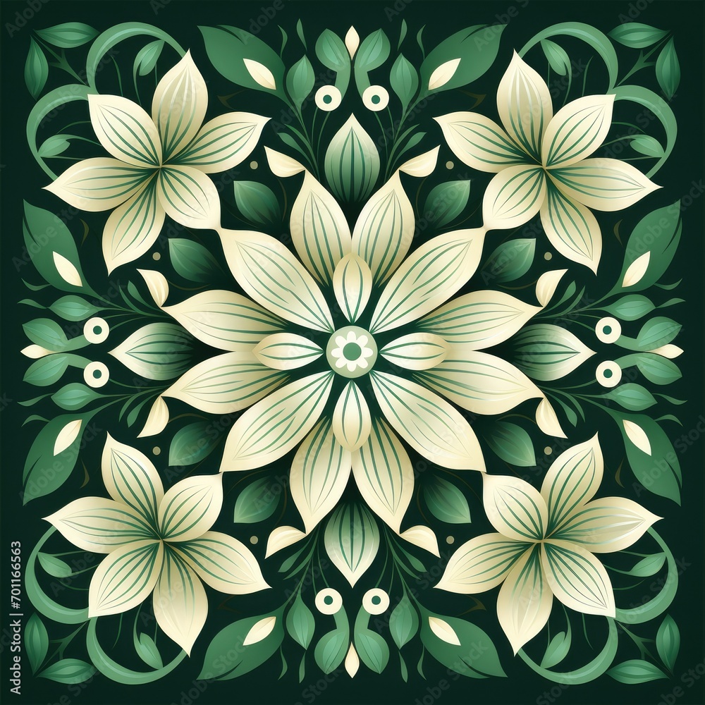 Fototapeta premium ceramic tile in talavera style with green floral ornament.Rustic green tile watercolor seamless pattern.
