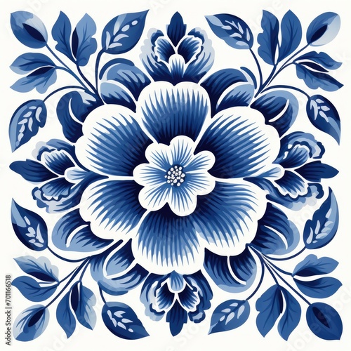  ceramic tile in talavera style with navy blue floral ornament.Rustic blue tile watercolor seamless pattern.