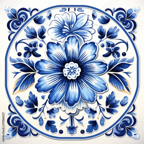  ceramic tile in talavera style with navy blue floral ornament.Rustic blue tile watercolor seamless pattern.