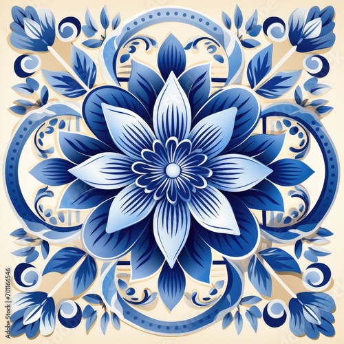 ceramic tile in talavera style with navy blue floral ornament.Rustic blue tile watercolor seamless pattern.