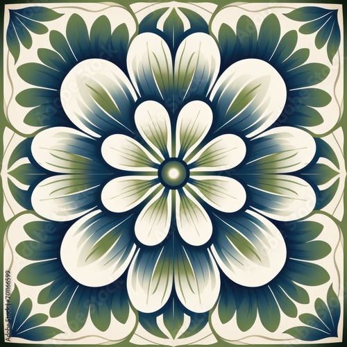  ceramic tile in talavera style with green floral ornament.Rustic green tile watercolor seamless pattern.