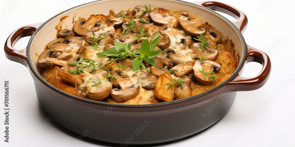 Chicken & Mushroom Hot-pot Recipe in pot with white background,A delicious and comforting hot-pot dish filled with tender chicken and flavorful mushrooms