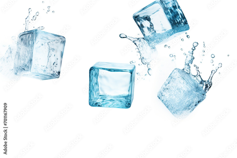 Four pieces of flying ice cubes, white background