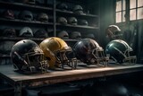 Illustration of the evolution of American football helmets in protecting the gridiron. Generative AI