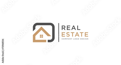 Black and Gold Real Estate Logo Image on White Background. Flat Vector Logo Design Template Element for Construction Architecture Building Logos.