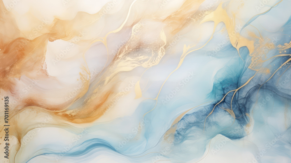 Luxury abstract fluid art painting background alcohol ink technique blue and gold color - obrazy, fototapety, plakaty 
