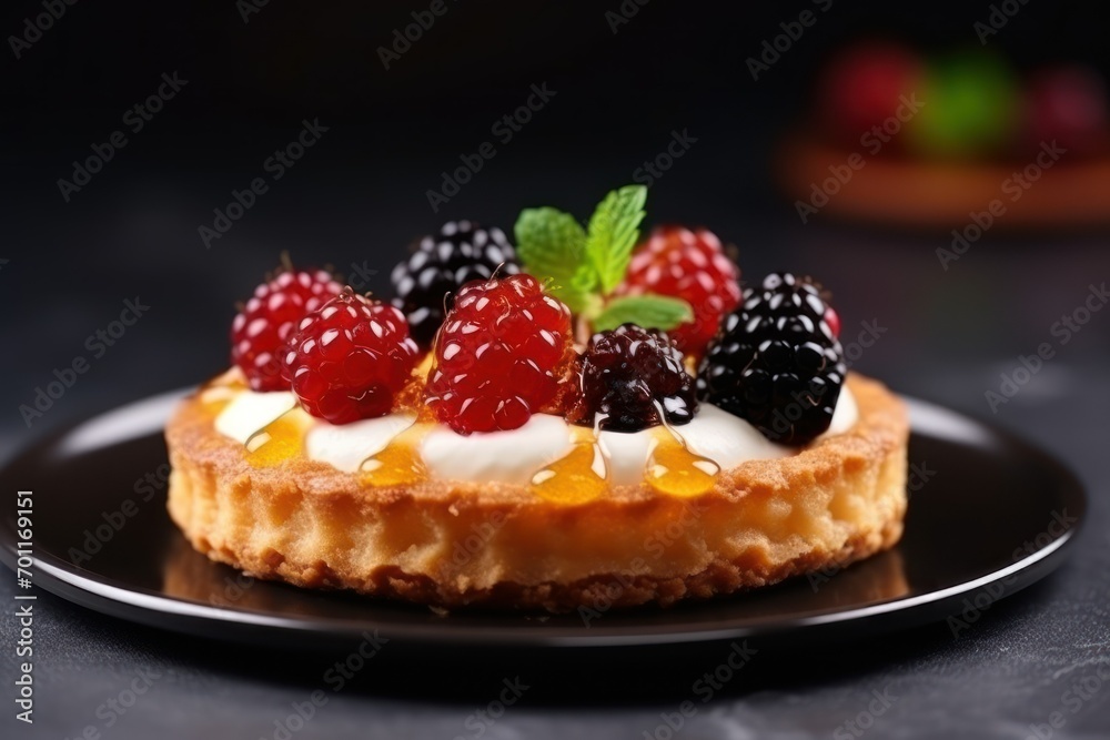a tartlet on black table, closeup. Tasty dessert a tartlet on black table, closeup. Tasty dessert