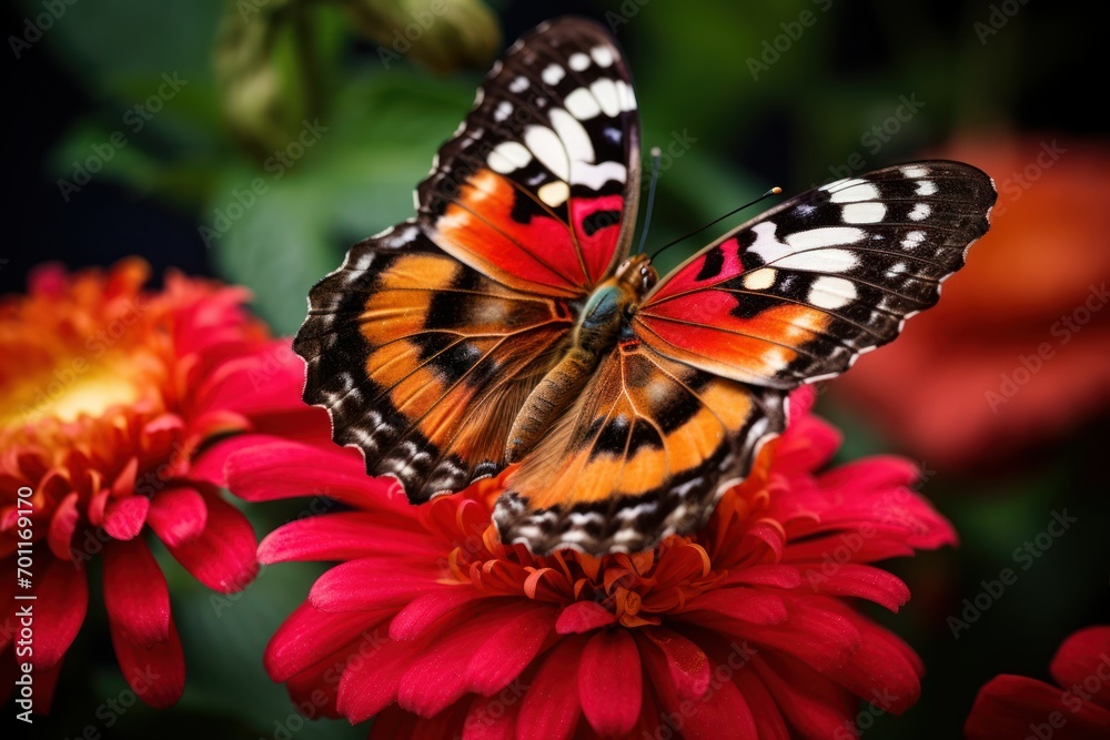 Fototapeta premium Zoom in on the delicate patterns of a butterfly's wings as it lands on a vibrant flower