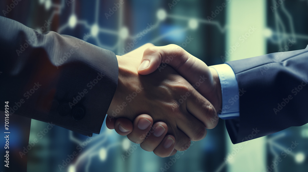 Close-up of business people shaking hands Cooperation of business partners Sharing benefits or success in cooperation modern technology background
