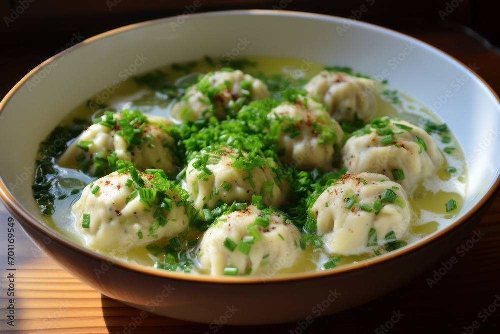 Canederli or Knodel in broth with green onion pasta dumplings Canederli or Knodel in broth with green onion pasta dumplings