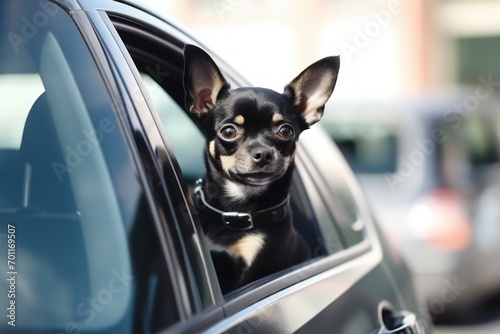 Cute dog in black car, view from outside