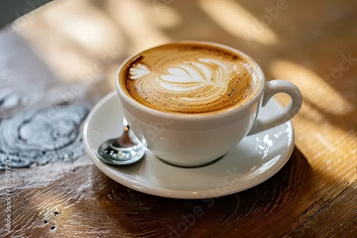 Morning delight. Hot cappuccino latte and espresso cups on wooden cafe table. Coffee artistry. Brown foam on background