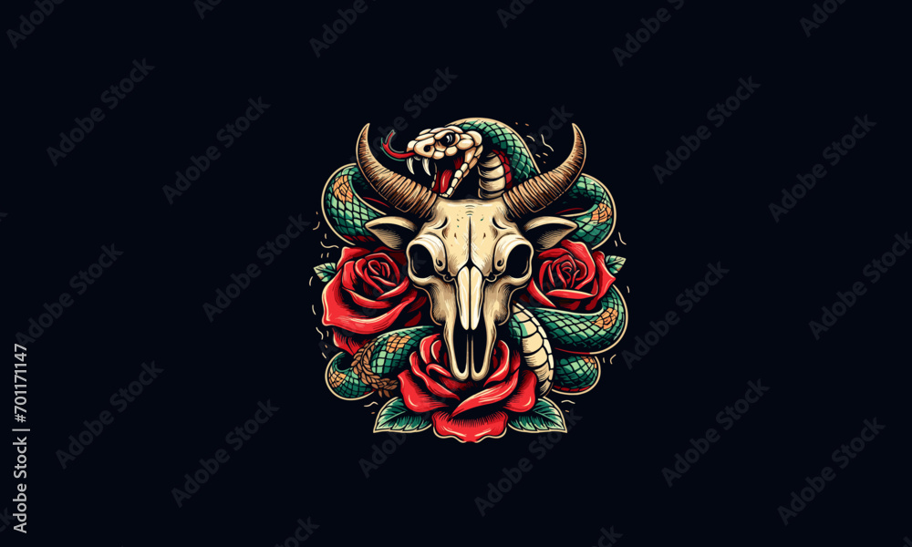 Obraz premium head cow bone and rose flowers vector illustration artwork design