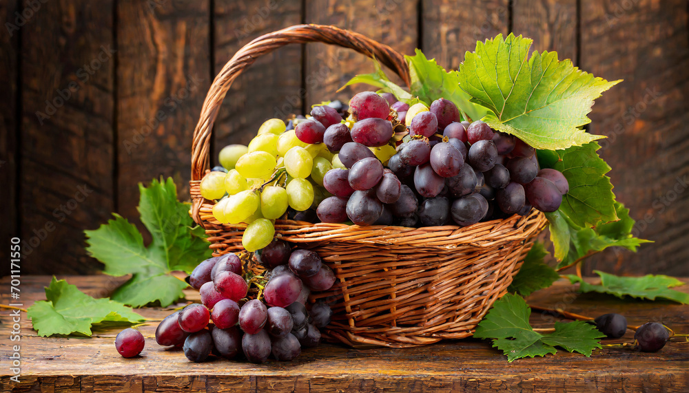 Grapes In A Basket On A Wooden Background. Harvesting Grapes In A Basket On A Wooden Background. Harvesting
