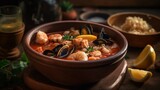 Seafood Stew Within a Clay Bowl in a Rustic Setting