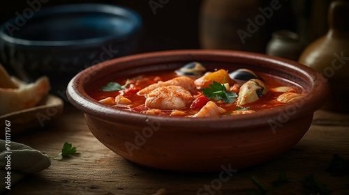 Seafood Stew Within a Clay Bowl in a Rustic Setting photo
