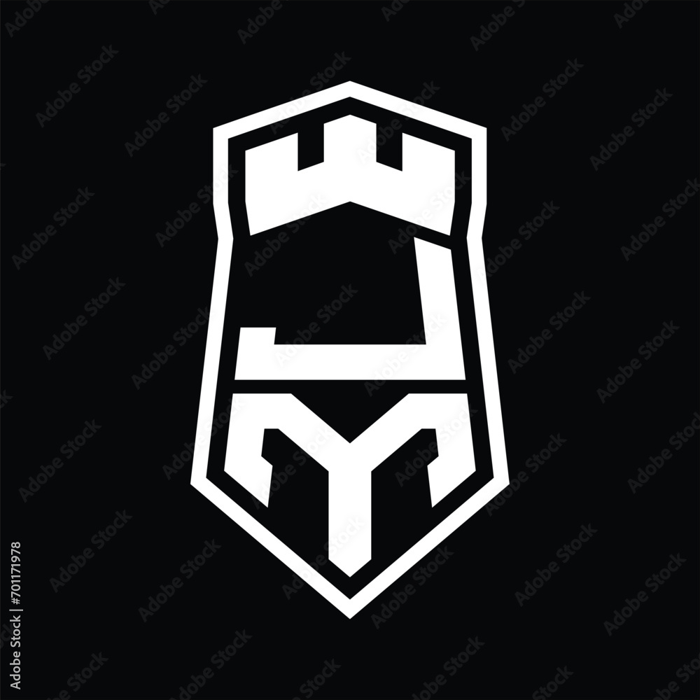 JM Letter Logo monogram hexagon shield shape up and down with crown castle isolated style design JM Letter Logo monogram hexagon shield shape up and down with crown castle isolated style design