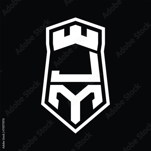 JM Letter Logo monogram hexagon shield shape up and down with crown castle isolated style design