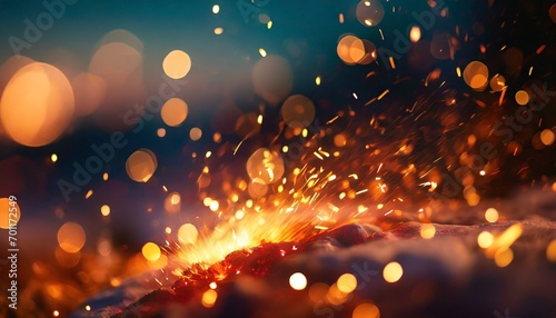 the mesmerizing glow of abstract fire particles against the velvety backdrop of the night. the dynamic energy of sparks, creating an enchanting play of light and christmas lights on the background