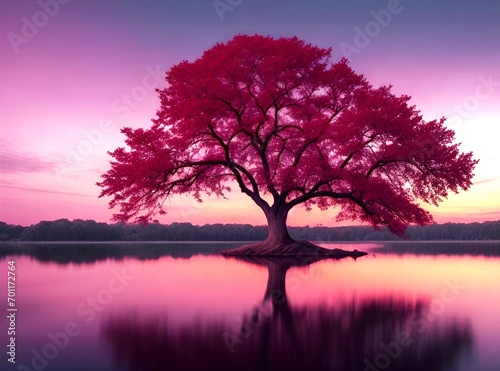 A big single pink tree near a beautiful pink sky and a beautiful lake, beautiful background and wallpaper © Roshan