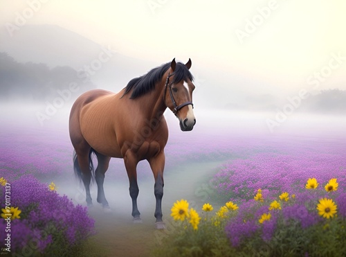 Brown horse walking through the mist in the morning in a beautiful flower garden, beautiful background and wallpaper
