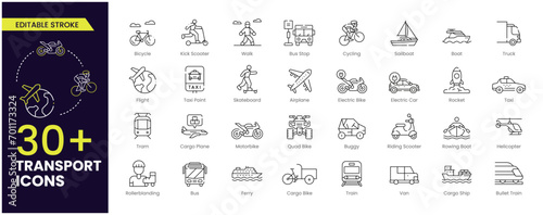 Transport Stroke icon set. Containing car, bike, plane, train, bicycle, motorbike, bus and scooter icons. Solid icon collection.