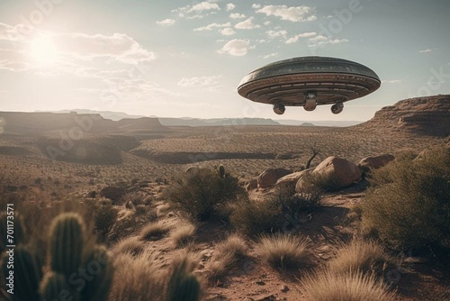 Flying saucer floats above arid terrain. Generative AI