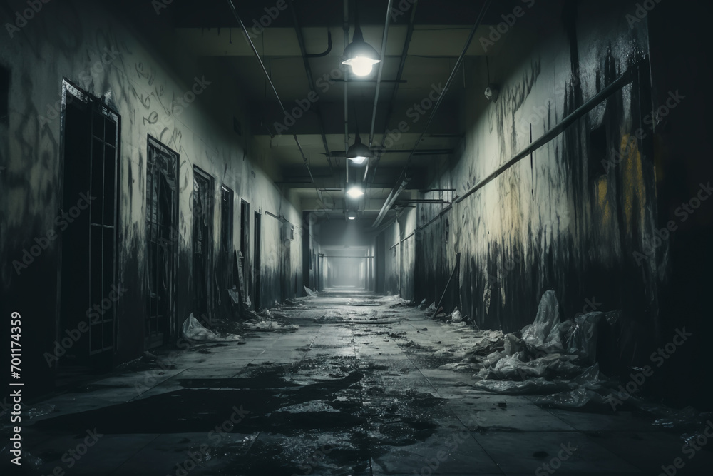 A decrepit hospital corridor hosts ghostly apparitions, ideal for Halloween attractions, horror movie posters, or event planners seeking an eerie ambiance. A decrepit hospital corridor hosts ghostly apparitions, ideal for Halloween attractions, horror movie posters, or event planners seeking an eerie ambiance.