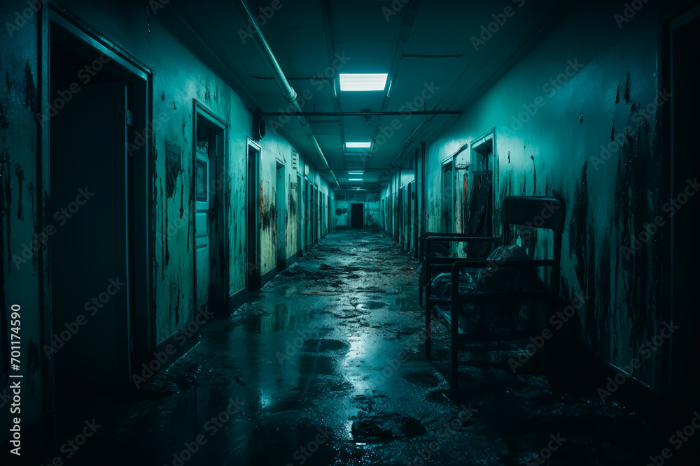A decrepit hospital corridor hosts ghostly apparitions, ideal for Halloween attractions, horror movie posters, or event planners seeking an eerie ambiance.