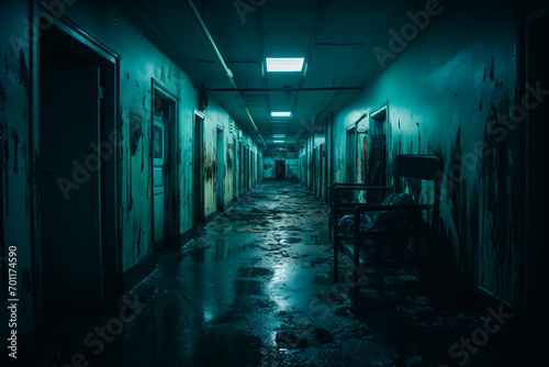 A decrepit hospital corridor hosts ghostly apparitions  ideal for Halloween attractions  horror movie posters  or event planners seeking an eerie ambiance.