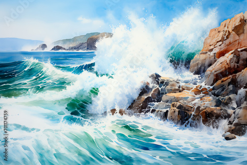 Dramatic cliffs plunge into the untamed ocean, where crashing waves collide with sheer rock faces, crafting a mesmerizing display of power and beauty—a watercolor painting.