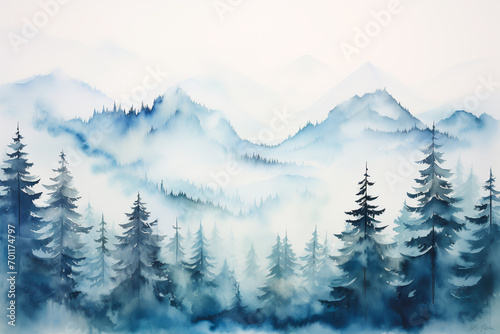 Majestic mountains ascend to the heavens  veiled in ethereal mist and crowned with glistening snow-capped peaks   a picturesque watercolor painting.