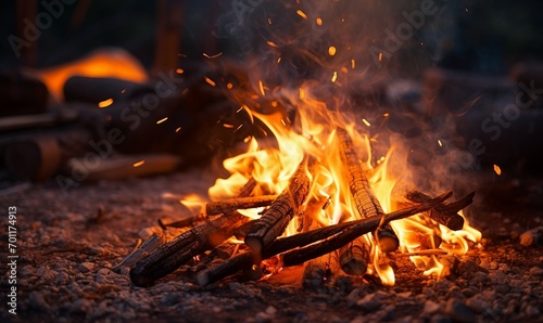 Burning firewood in a campfire at night in the forest