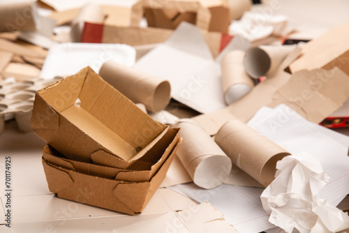 Separate collection of paper garbage. Paper stuff for recycle. Eco friendly concept. Recyclable paper waste background. Zero waste. Recycled product, Craft cardboard and paper. Selective focus