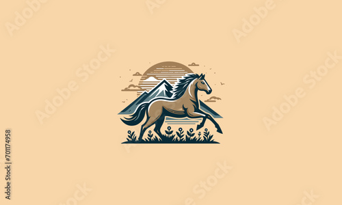 horse running on mountain vector logo flat design