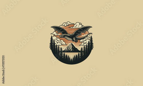 flying dragon on mountain forest vector flat design