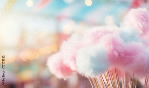 Colorful cotton candy in shop blur background with bokeh.