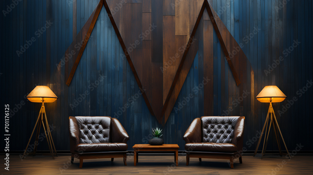 Fototapeta premium Two leather chairs - barnwood background - lamps - cabin - rustic - design and decor - living room