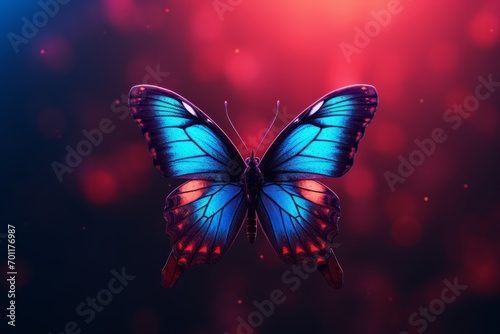 A butterfly is on a red and blue background, glowing beautifully in harmony with other blue butterflies.