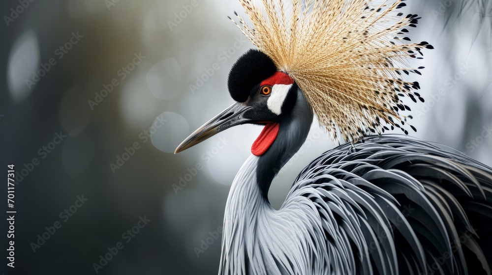 Fototapeta premium A bird, possibly a Japanese crane, is adorned with a crown of bright feathers, exuding elegance and beauty.