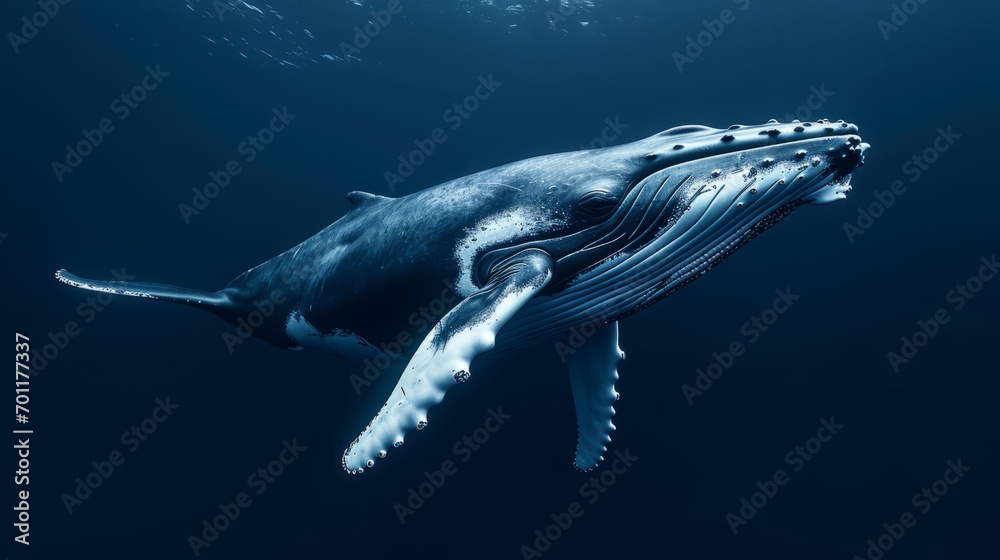 Fototapeta premium A humpback whale, with a crystal texture and glimmering skin, is captured swimming in the deep blue water.