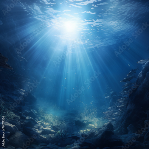 Serene Underwater Seascape with Sunlight Streaming Through Water © aka_artiom