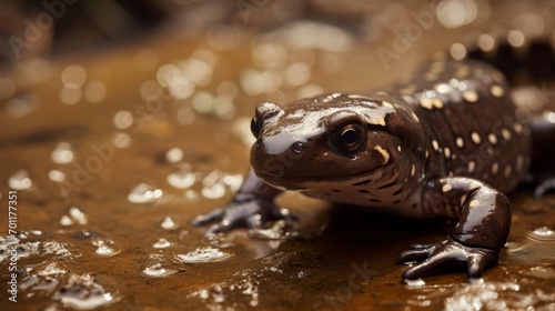 A detailed portrait shot captures a small, red salamander on a wet surface, highlighting its amphibious skin.